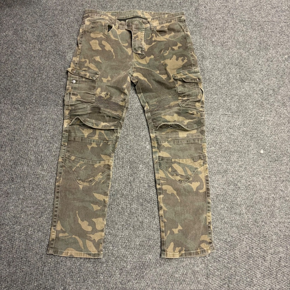 NBT Clothing Mens Camo Moto Cargo Pants Green Brown Tactical Biker XL 2XL